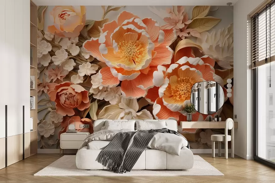 fototapeter Et 3D-blomsterarrangement i ferskenfarver med pæoner og roser i rokokostil w01939