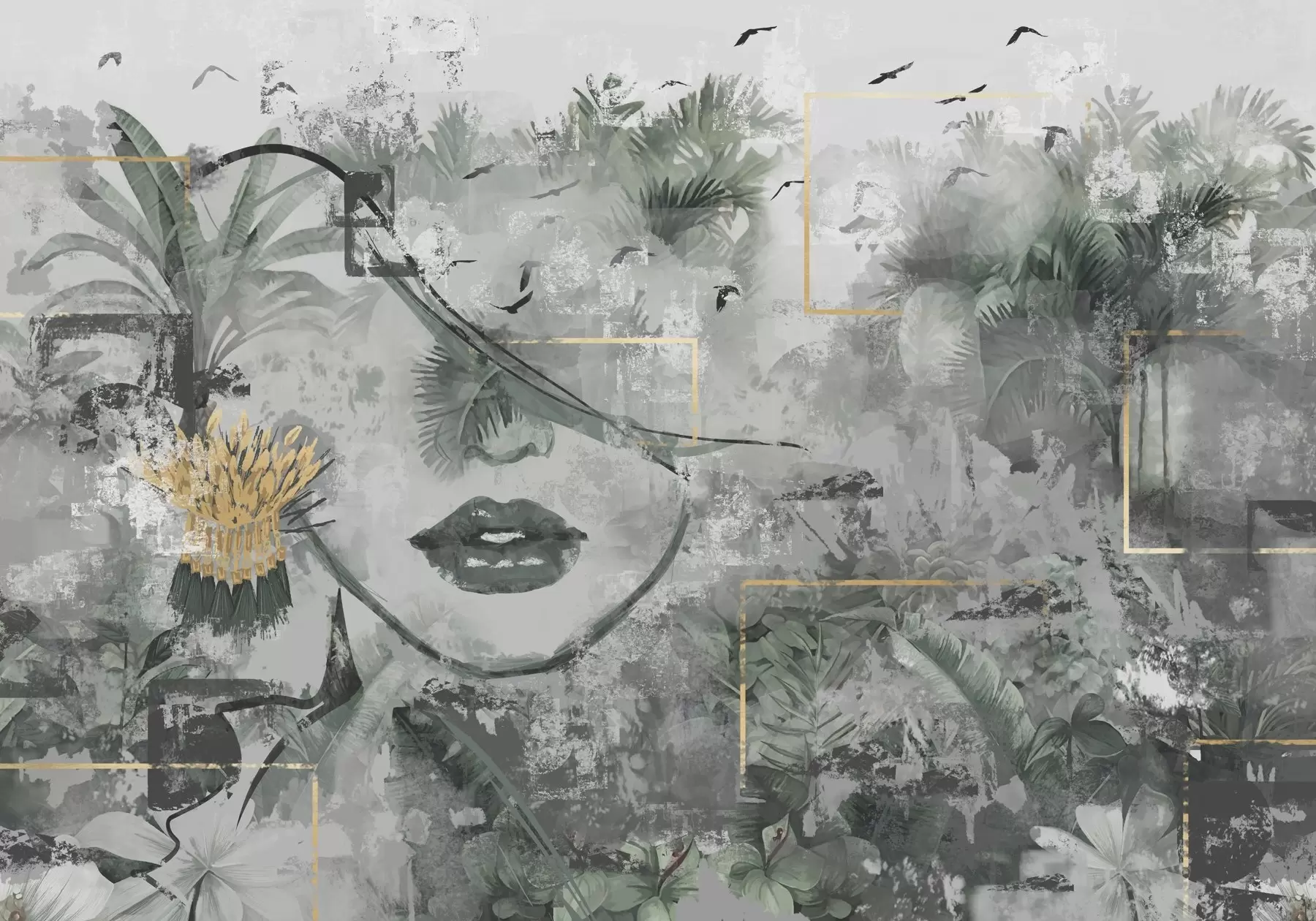 Fototapete Grunge Regenwald und Mädchen Gesicht Silhouette w01916