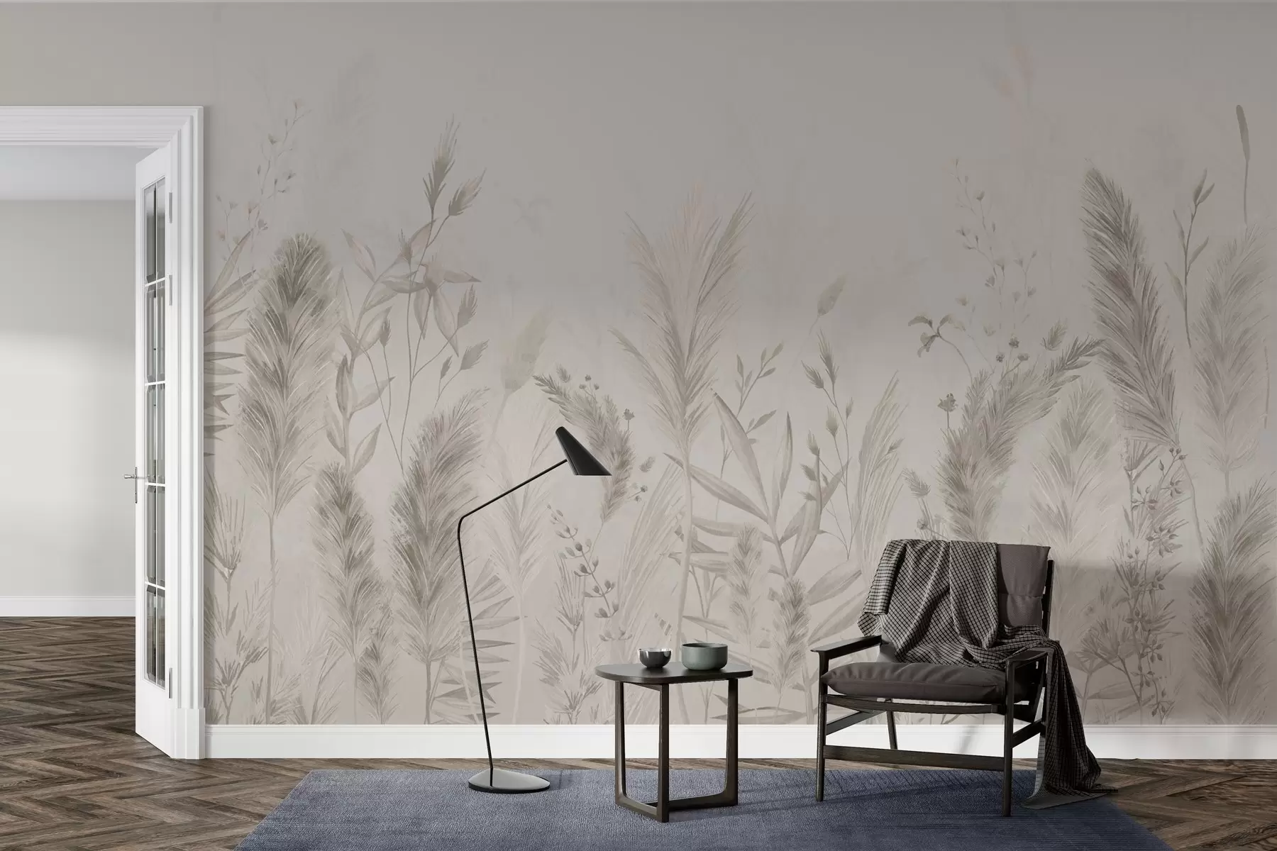 Murale Grandes herbes et fleurs des champs aux couleurs pastel w02004v1