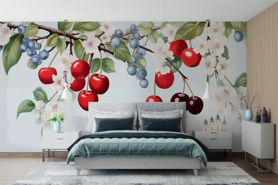 Fototapete Beerengarten: Zweige mit Kirschen, Heidelbeeren und Blumen w01975