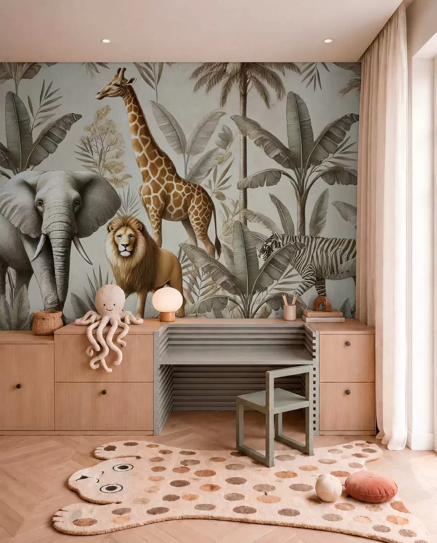 Murale Papier peint Safari pour enfants avec des paysages tropicaux et divers animaux dans des couleurs élégantes w01956