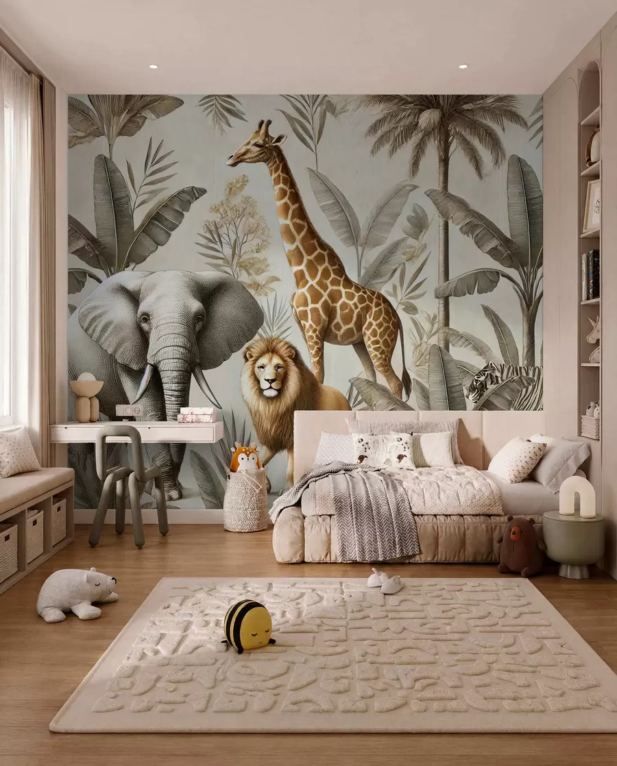 Fototapete Safari Kindertapete mit tropischer Landschaft und verschiedenen Tieren in eleganten Farben w01956
