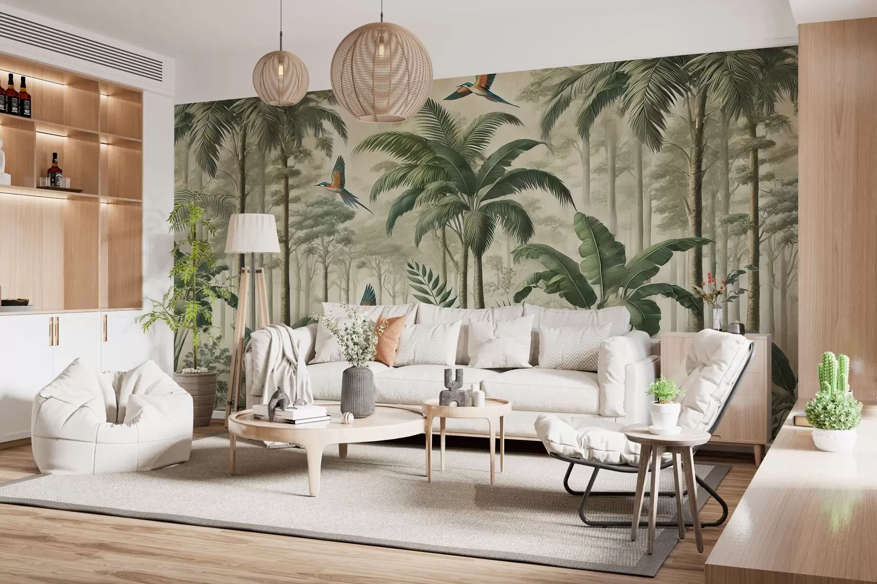 Murale Panorama avec paysage tropical et oiseaux w01957