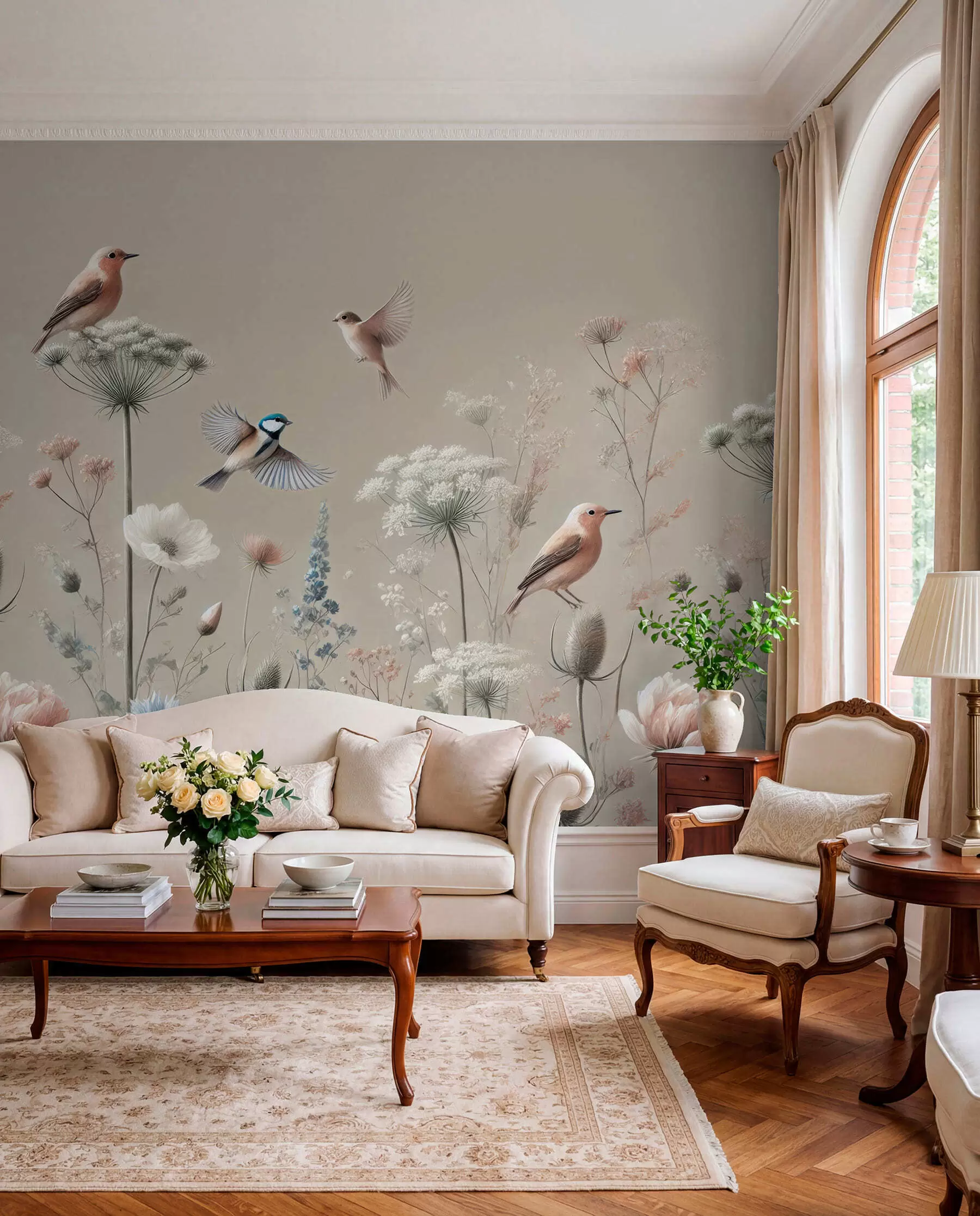 Murale Fleurs sauvages délicates avec oiseaux sur fond beige w01958