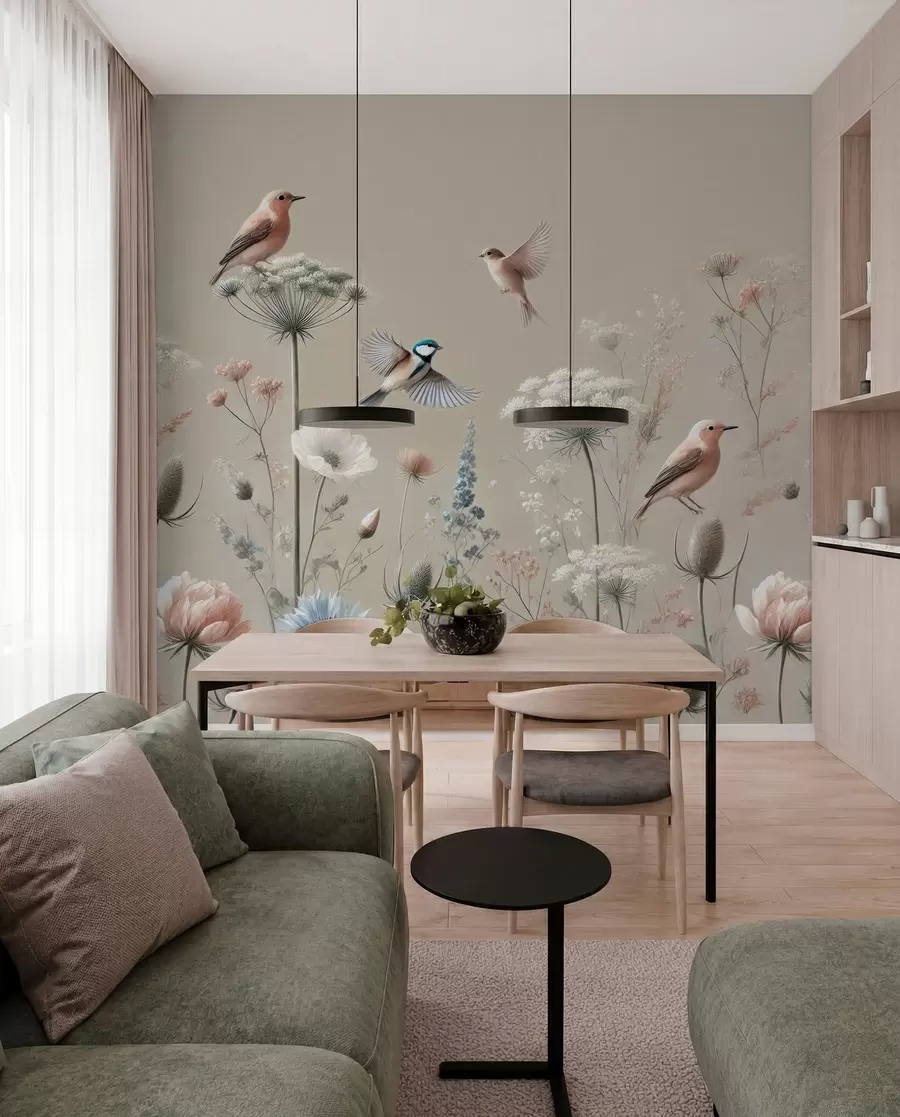 fototapeter Delikate vilde blomster med fugle på en beige baggrund w01958