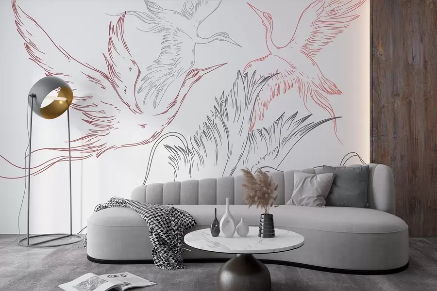 Fototapete Vögel fliegen, Minimalismus, Linienkunst, Natur, graue und rote Farben w02061v1