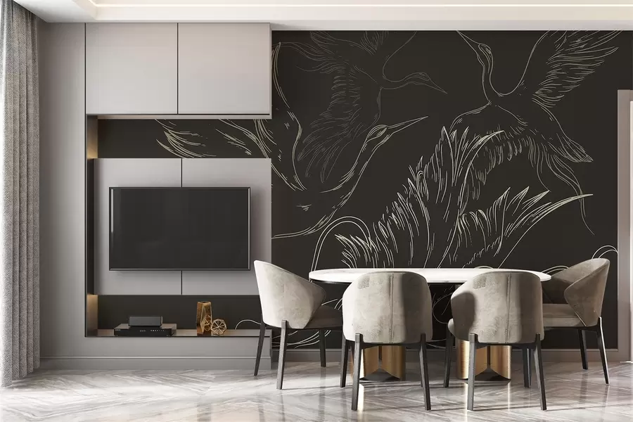 Fototapete Vögel fliegen, Minimalismus, Linienkunst, Natur, dunkler Hintergrund w02061v3