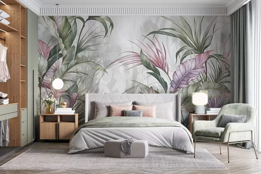 Murale Jungle tropicale avec de grandes feuilles vertes et des fleurs de protea roses sur fond texturé flou w08375