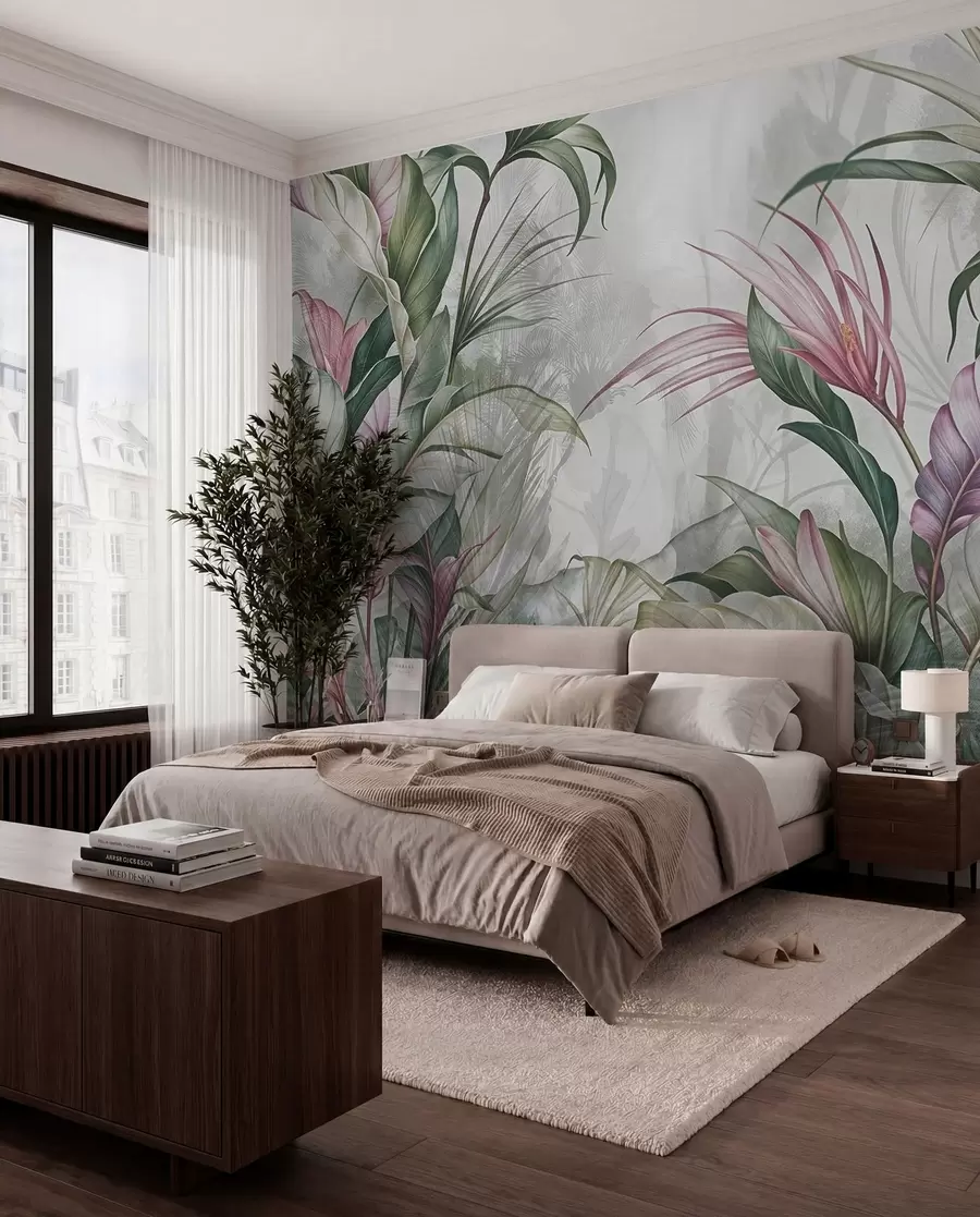 Fototapete Tropischer Dschungel mit großen grünen Blättern und rosa Protea-Blüten mit unscharfem, strukturiertem Hintergrund w08375
