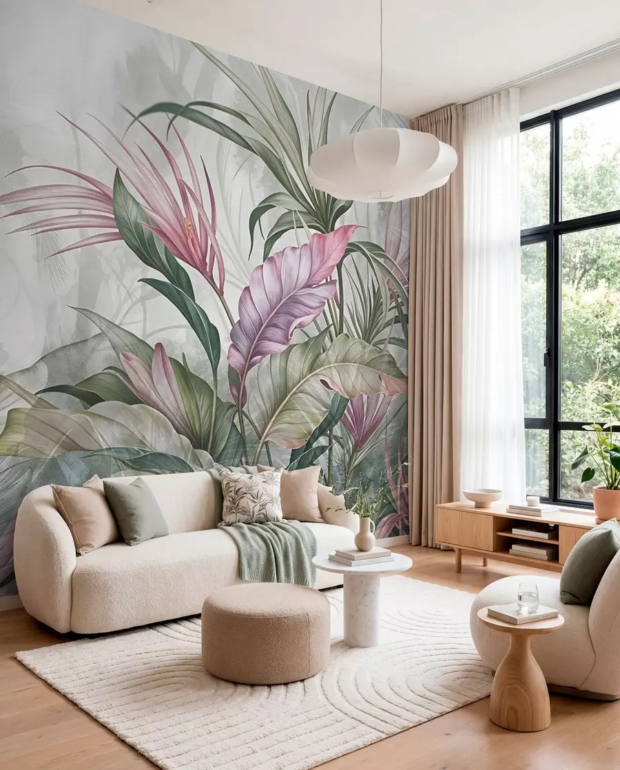 Murale Jungle tropicale avec de grandes feuilles vertes et des fleurs de protea roses sur fond texturé flou w08375