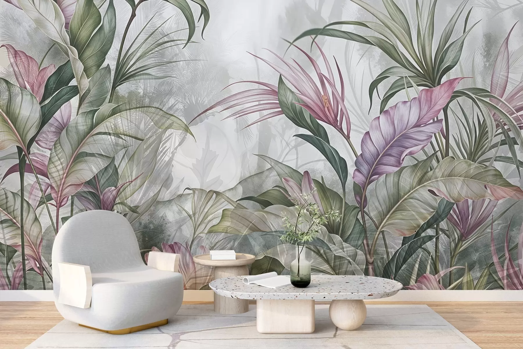 Fototapete Tropischer Dschungel mit großen grünen Blättern und rosa Protea-Blüten mit unscharfem, strukturiertem Hintergrund w08375