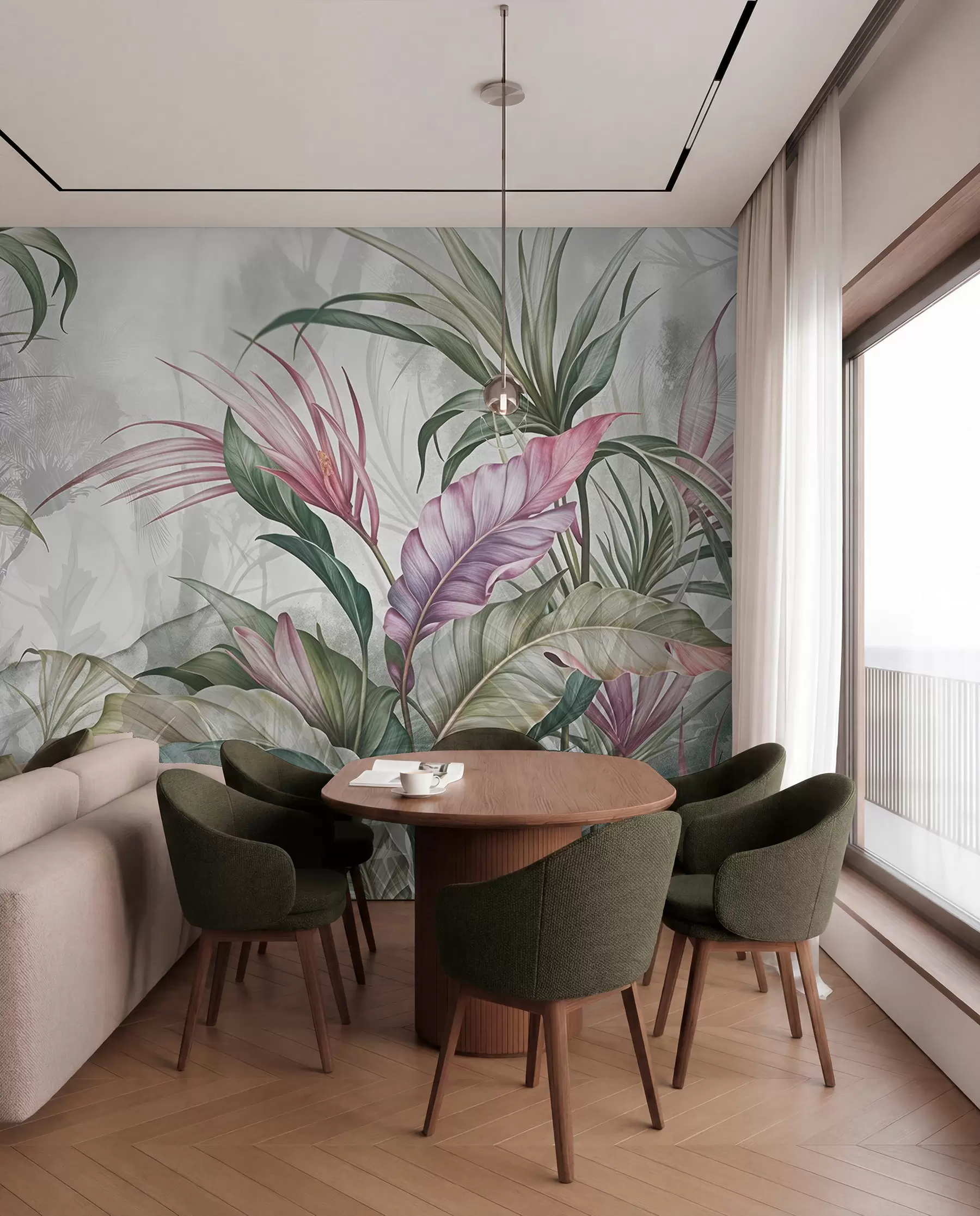 Fototapete Tropischer Dschungel mit großen grünen Blättern und rosa Protea-Blüten mit unscharfem, strukturiertem Hintergrund w08375