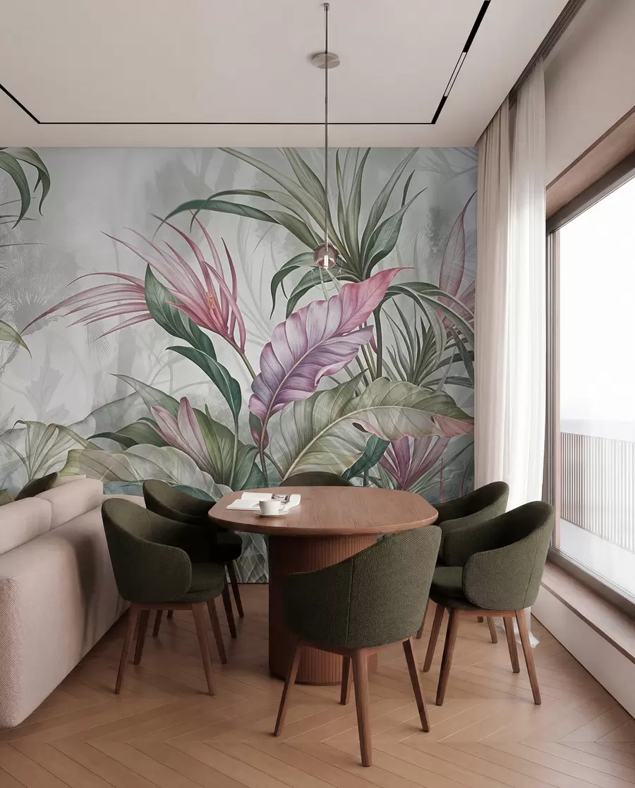 Fototapete Tropischer Dschungel mit großen grünen Blättern und rosa Protea-Blüten mit unscharfem, strukturiertem Hintergrund w08375