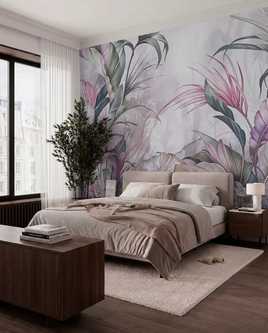 fototapeter Tropisk jungle med store grønne blade og lyserøde protea-blomster med sløret tekstureret baggrund w08375v1