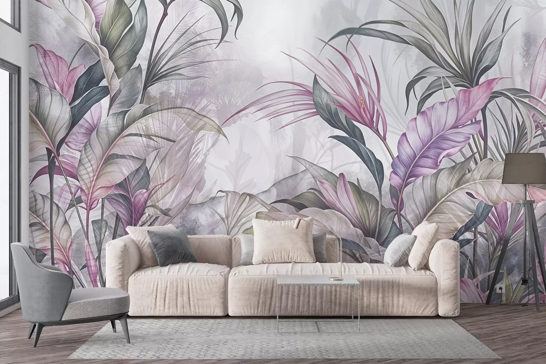 fototapeter Tropisk jungle med store grønne blade og lyserøde protea-blomster med sløret tekstureret baggrund w08375v1