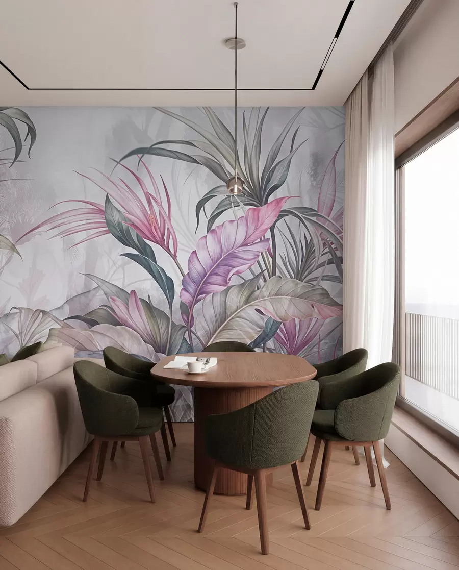 fototapeter Tropisk jungle med store grønne blade og lyserøde protea-blomster med sløret tekstureret baggrund w08375v1