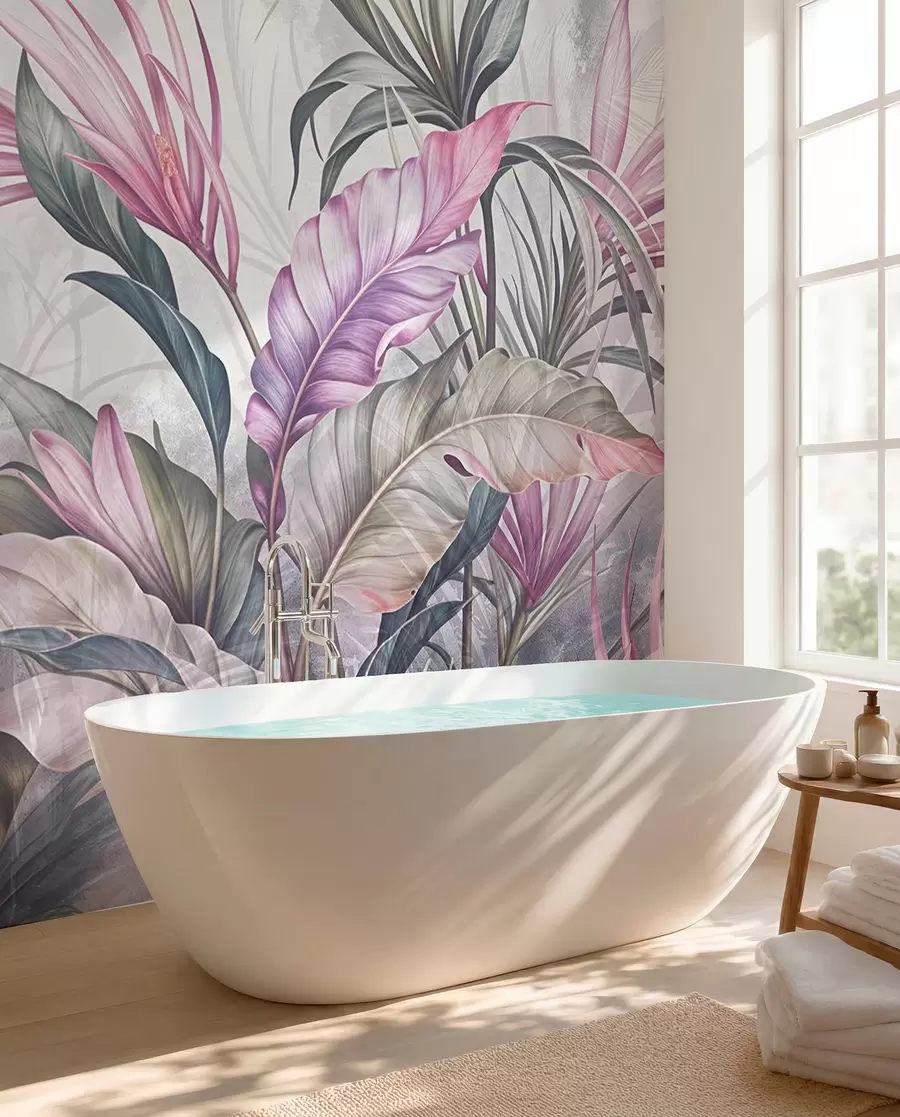 fototapeter Tropisk jungle med store grønne blade og lyserøde protea-blomster med sløret tekstureret baggrund w08375v1