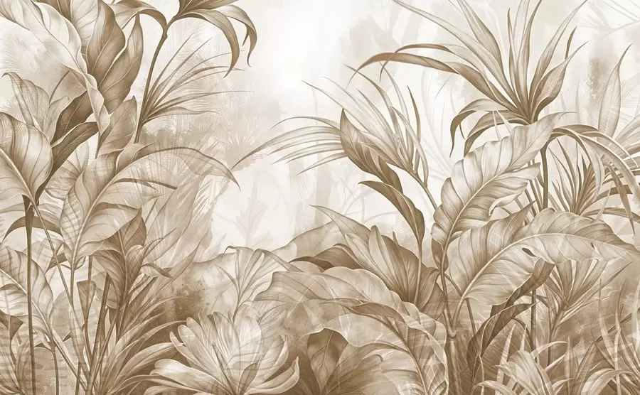 fototapeter Tropisk jungle med store brune og beige protea-blomster med sløret tekstureret baggrund w08375v2