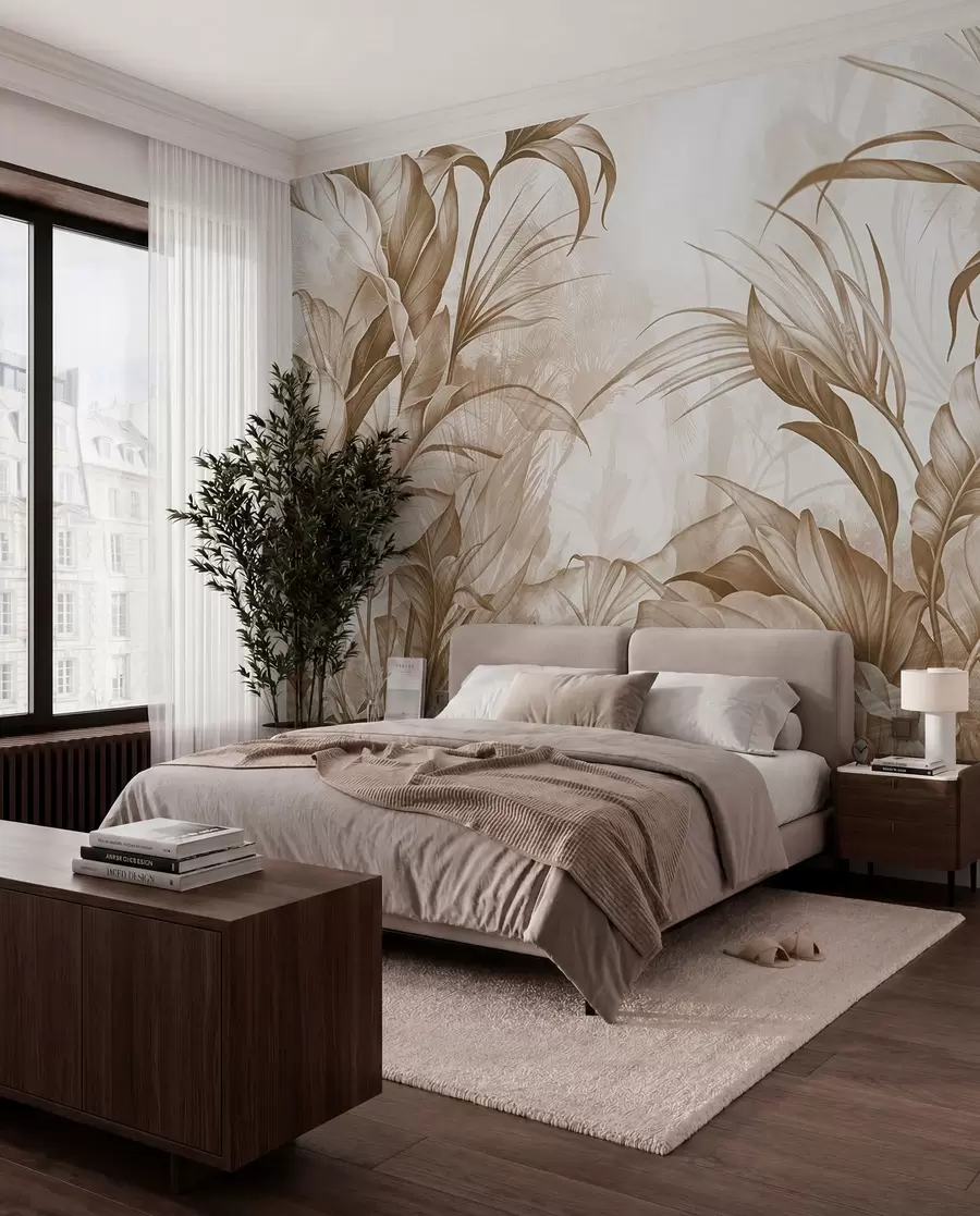 fototapeter Tropisk jungle med store brune og beige protea-blomster med sløret tekstureret baggrund w08375v2