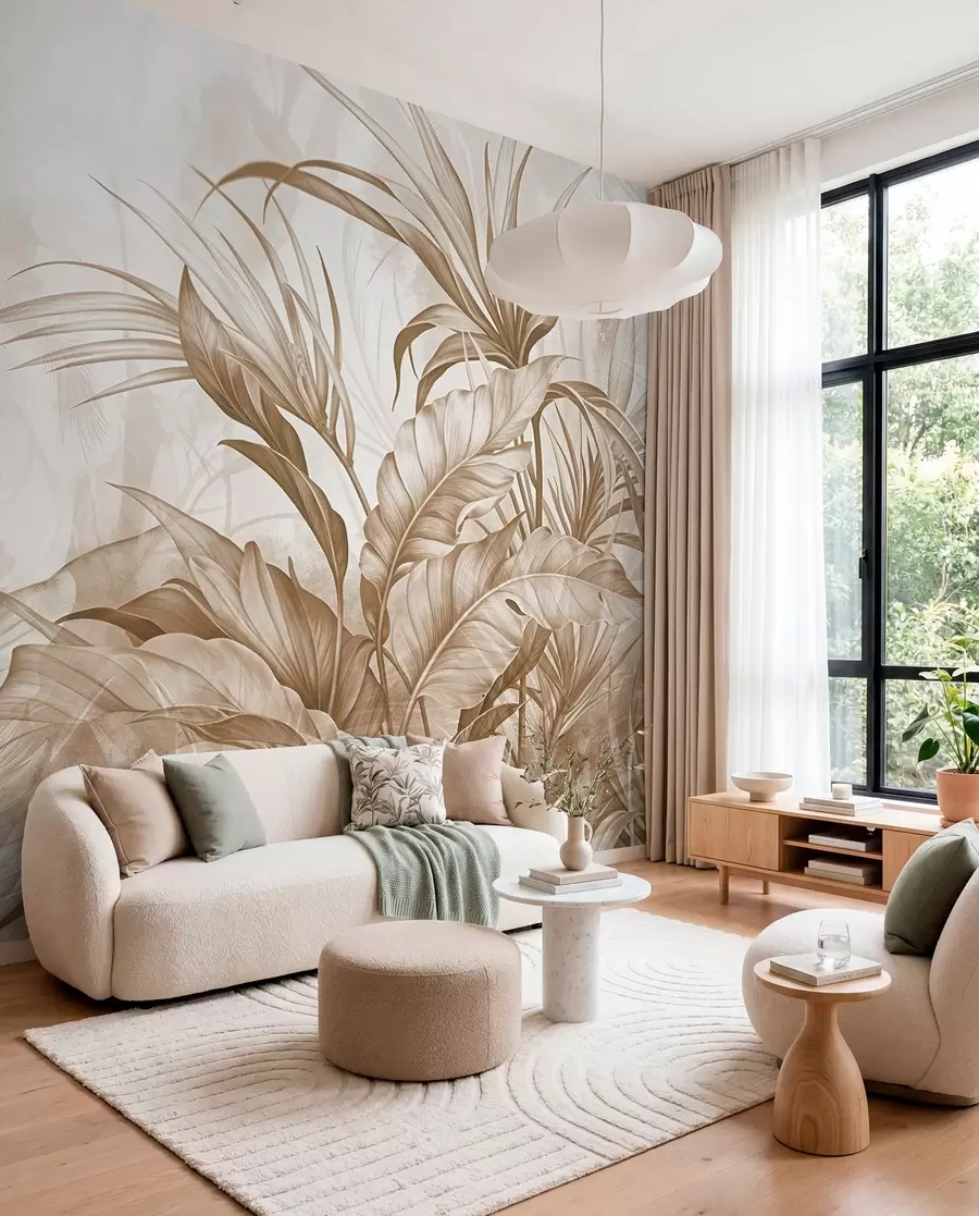 fototapeter Tropisk jungle med store brune og beige protea-blomster med sløret tekstureret baggrund w08375v2