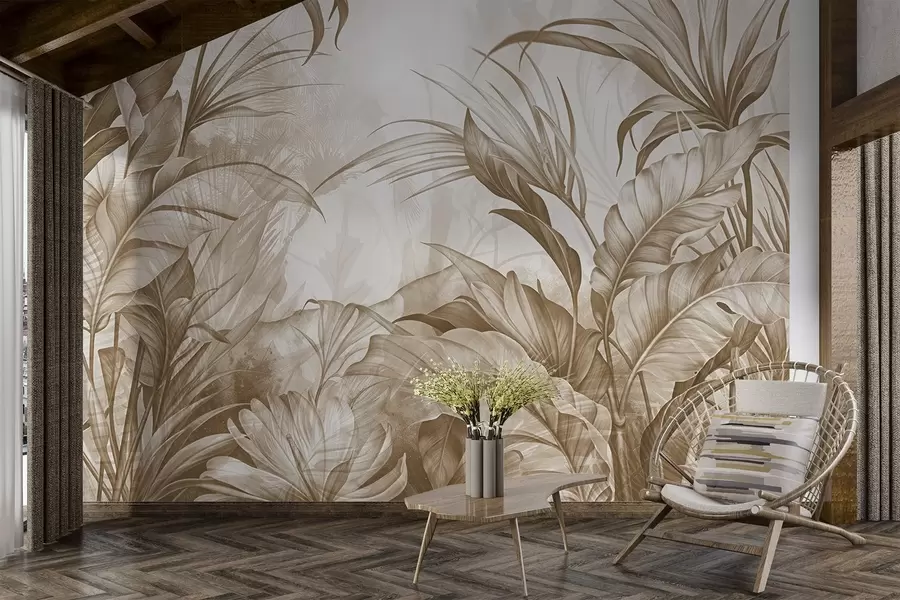 fototapeter Tropisk jungle med store brune og beige protea-blomster med sløret tekstureret baggrund w08375v2