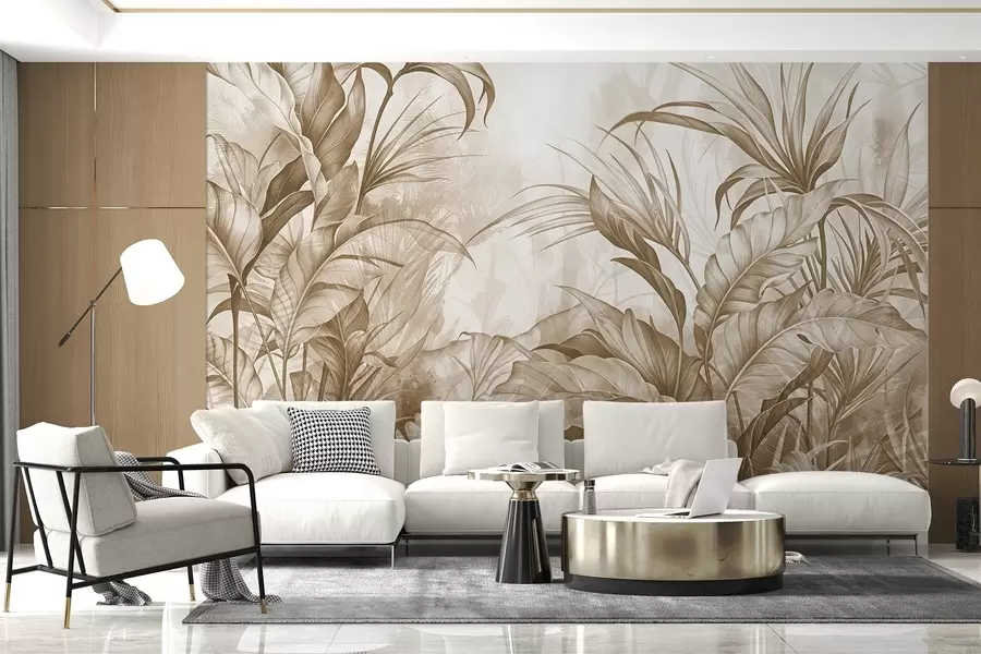 fototapeter Tropisk jungle med store brune og beige protea-blomster med sløret tekstureret baggrund w08375v2