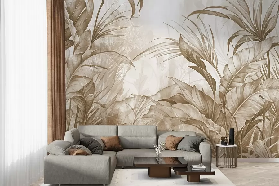 fototapeter Tropisk jungle med store brune og beige protea-blomster med sløret tekstureret baggrund w08375v2
