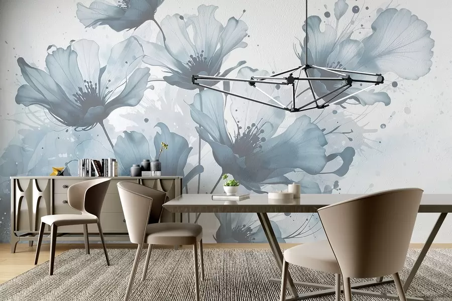 Fototapete Zarte blaue Blumen mit weichen, verschwommenen Blütenblättern und Aquarellspritzern vor einem hellen Hintergrund w08376