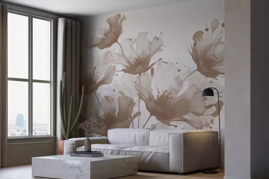 Fototapete Zarte braune Blumen mit weichen, verschwommenen Blütenblättern und Aquarellspritzern vor hellem Hintergrund w08376v1