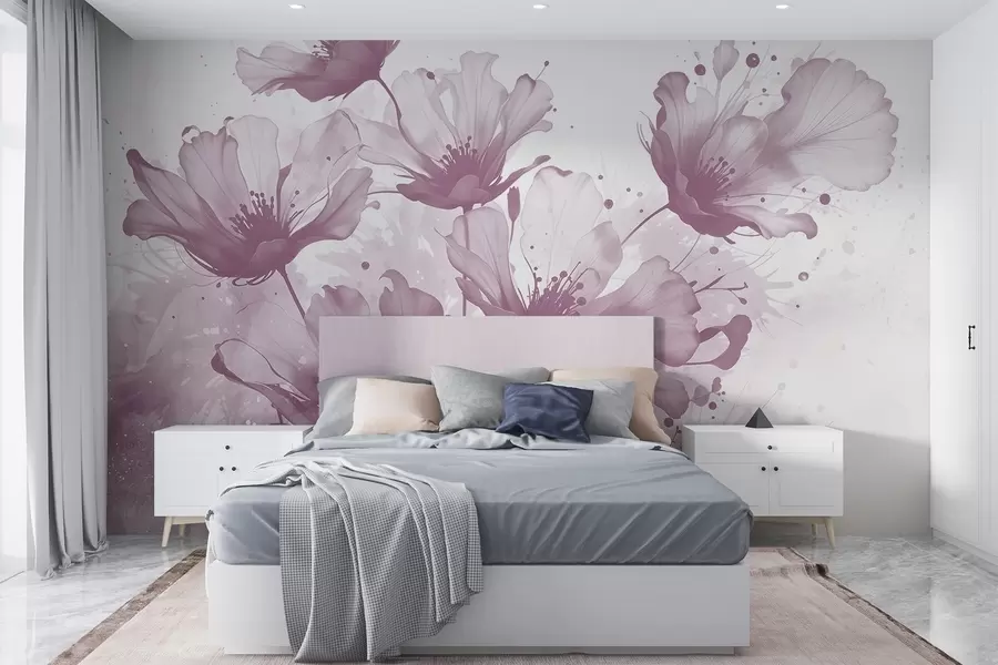Murale Fleurs roses délicates avec des pétales doux et flous et des éclaboussures d'aquarelle sur un fond clair w08376v2