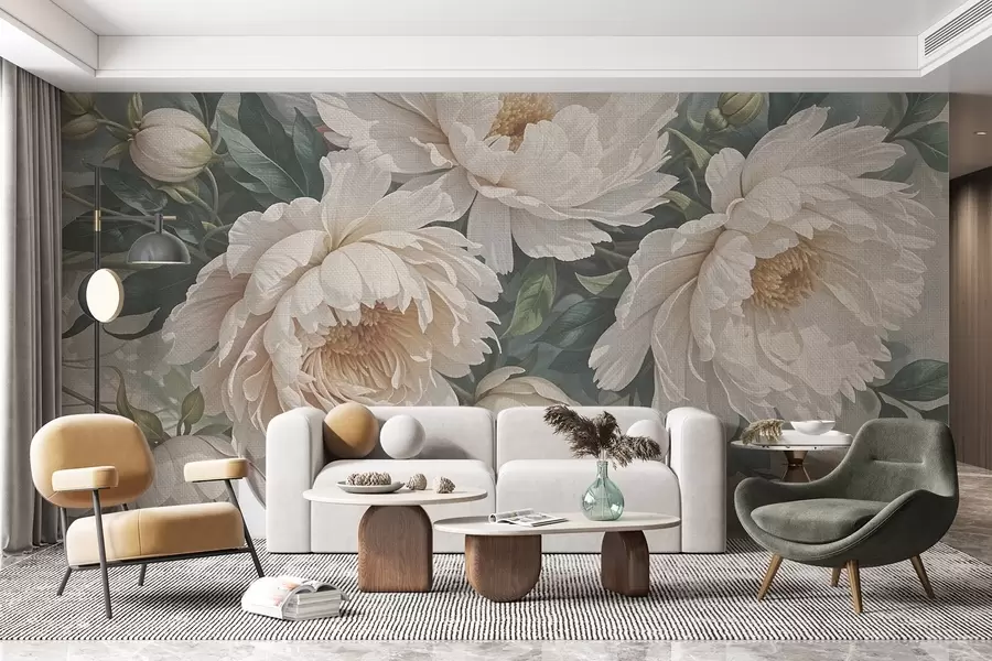 fototapeter Strukturerede store hvide pæonblomster med grønne blade, et frodigt og romantisk blomsterarrangement w08377
