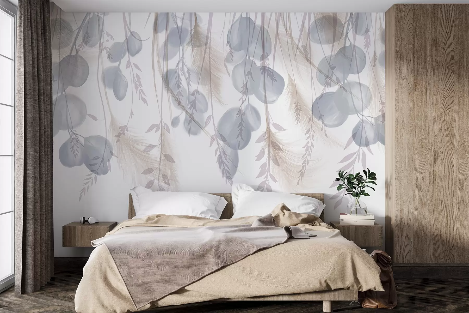 Fototapete Zarte blaue und pastellbeige Eukalyptusblätter fallen und schaffen eine heitere und beruhigende Atmosphäre w08380v1