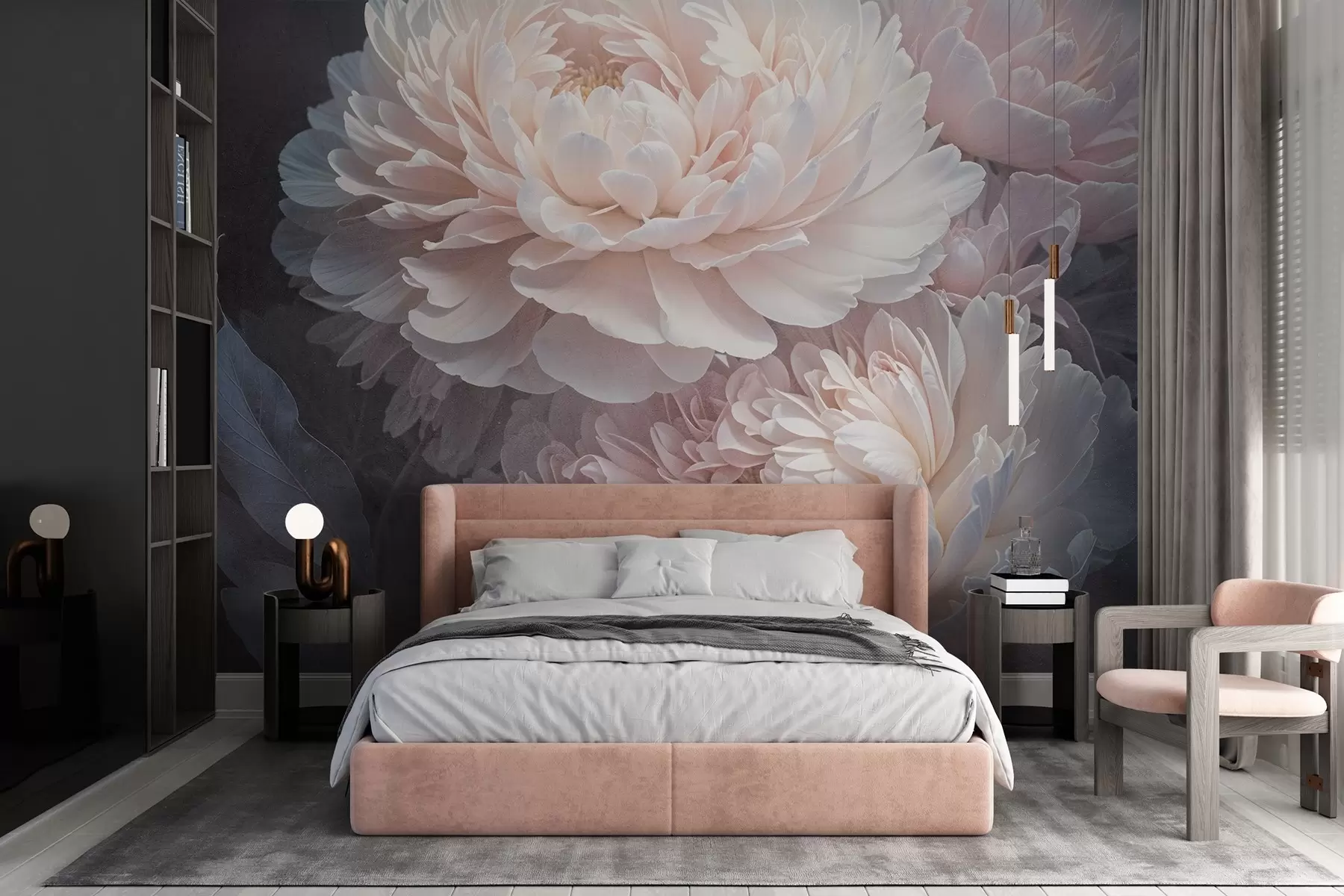fototapeter Et nærbillede af to store, sarte lyserøde pæoner med bløde, luftige kronblade og blade mod en sløret baggrund w08382