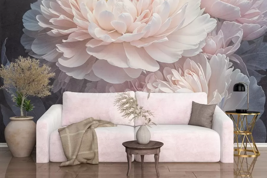 Fototapete Eine Nahaufnahme von zwei großen, zartrosa Pfingstrosen mit weichen, flauschigen Blütenblättern und Blättern vor einem unscharfen Hintergrund w08382