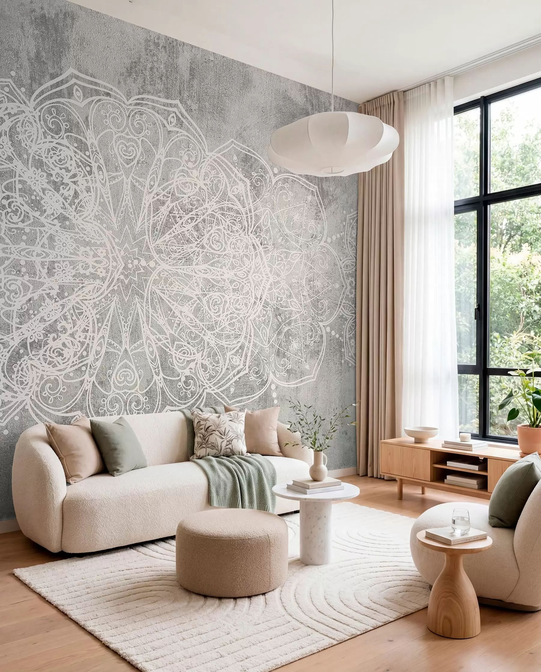 Murale Un motif de mandala en dentelle blanche, détaillé et complexe, sur un fond de mur gris loft texturé w08387