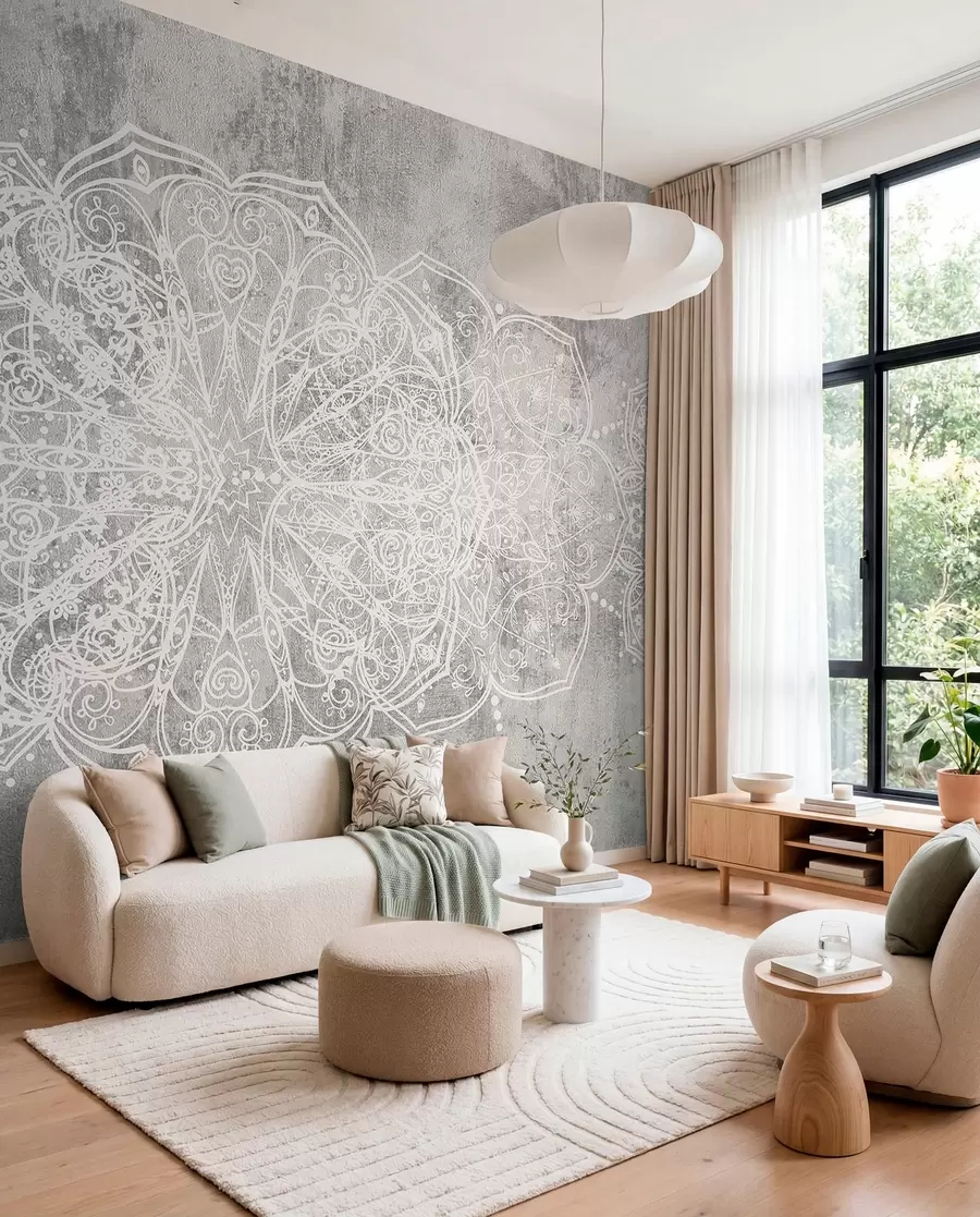 Murale Un motif de mandala en dentelle blanche, détaillé et complexe, sur un fond de mur gris loft texturé w08387