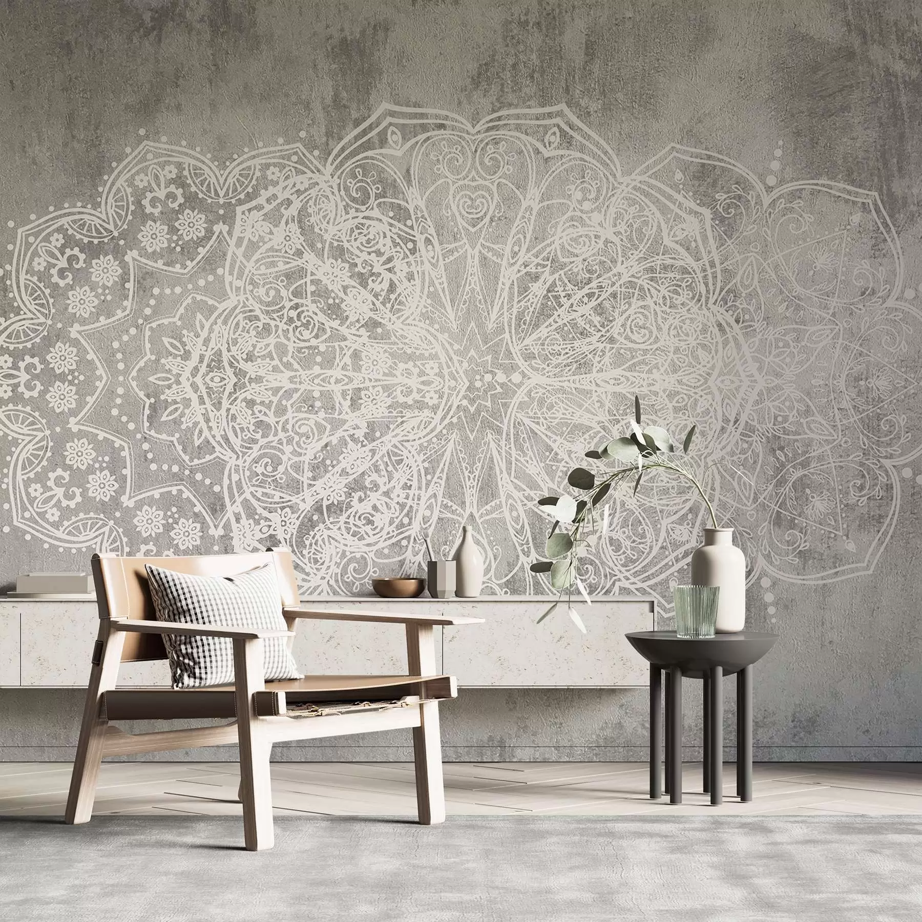Murale Un motif de mandala en dentelle blanche, détaillé et complexe, sur un fond de mur gris loft texturé w08387