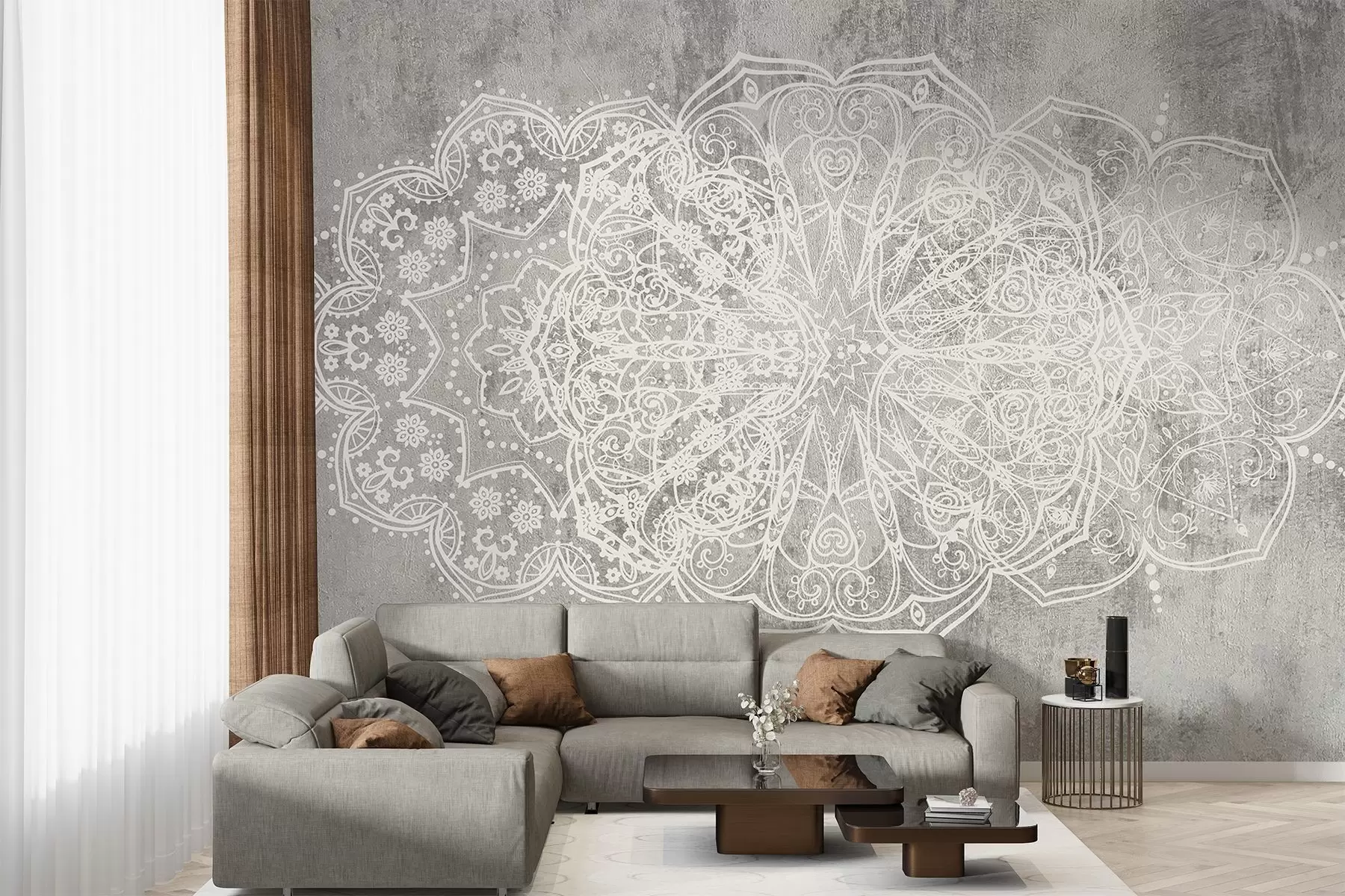 Fototapete Ein detailliertes, kompliziertes Mandala-Muster aus weißer Spitze auf einem strukturierten, grauen Wandhintergrund w08387