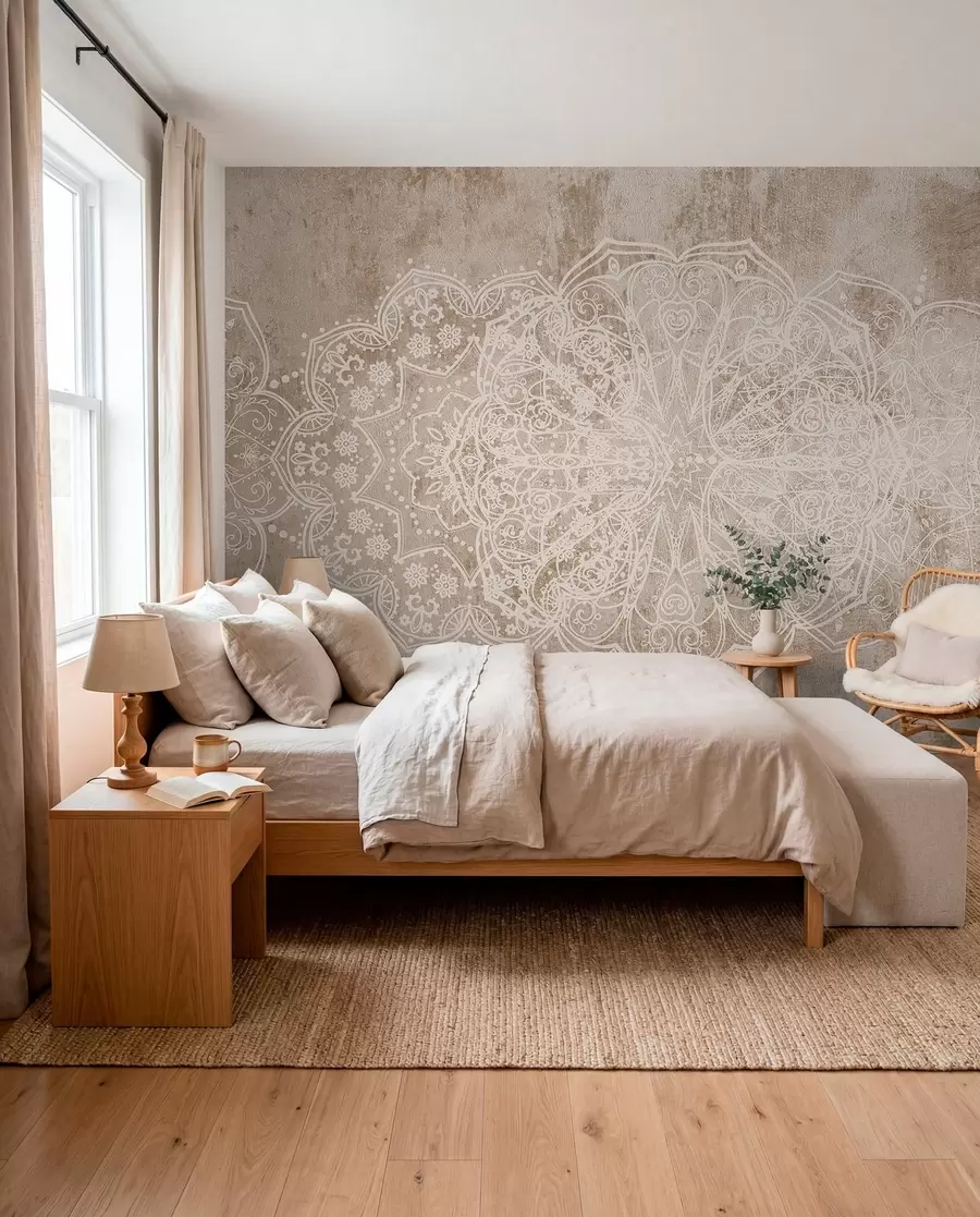 fototapeter Et detaljeret, indviklet hvidt mandalamønster med blonder på en struktureret beige-brun vægbaggrund w08387v1