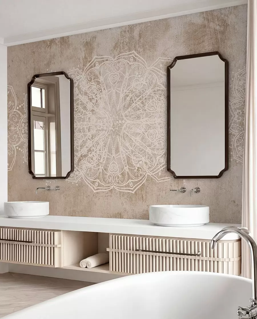 fototapeter Et detaljeret, indviklet hvidt mandalamønster med blonder på en struktureret beige-brun vægbaggrund w08387v1
