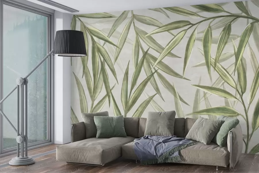 Murale Feuilles luxuriantes dans de doux tons d'aquarelle w00236