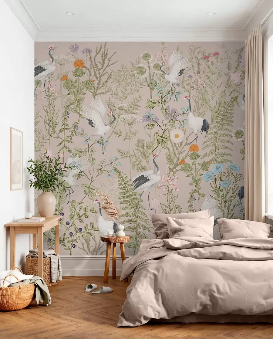 fototapeter Elegante traner blandt levende blomster w00380