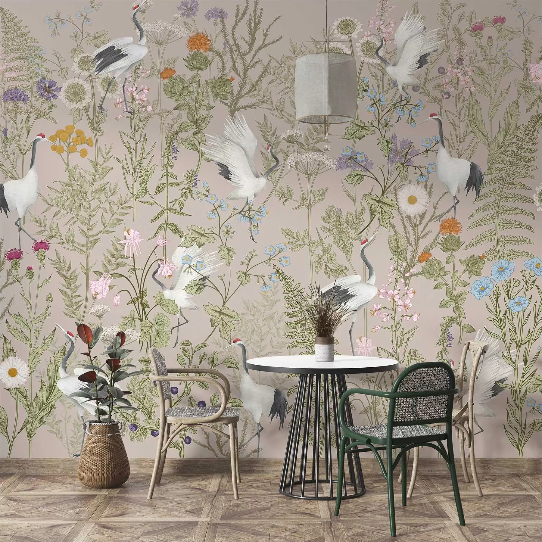 fototapeter Elegante traner blandt levende blomster w00380