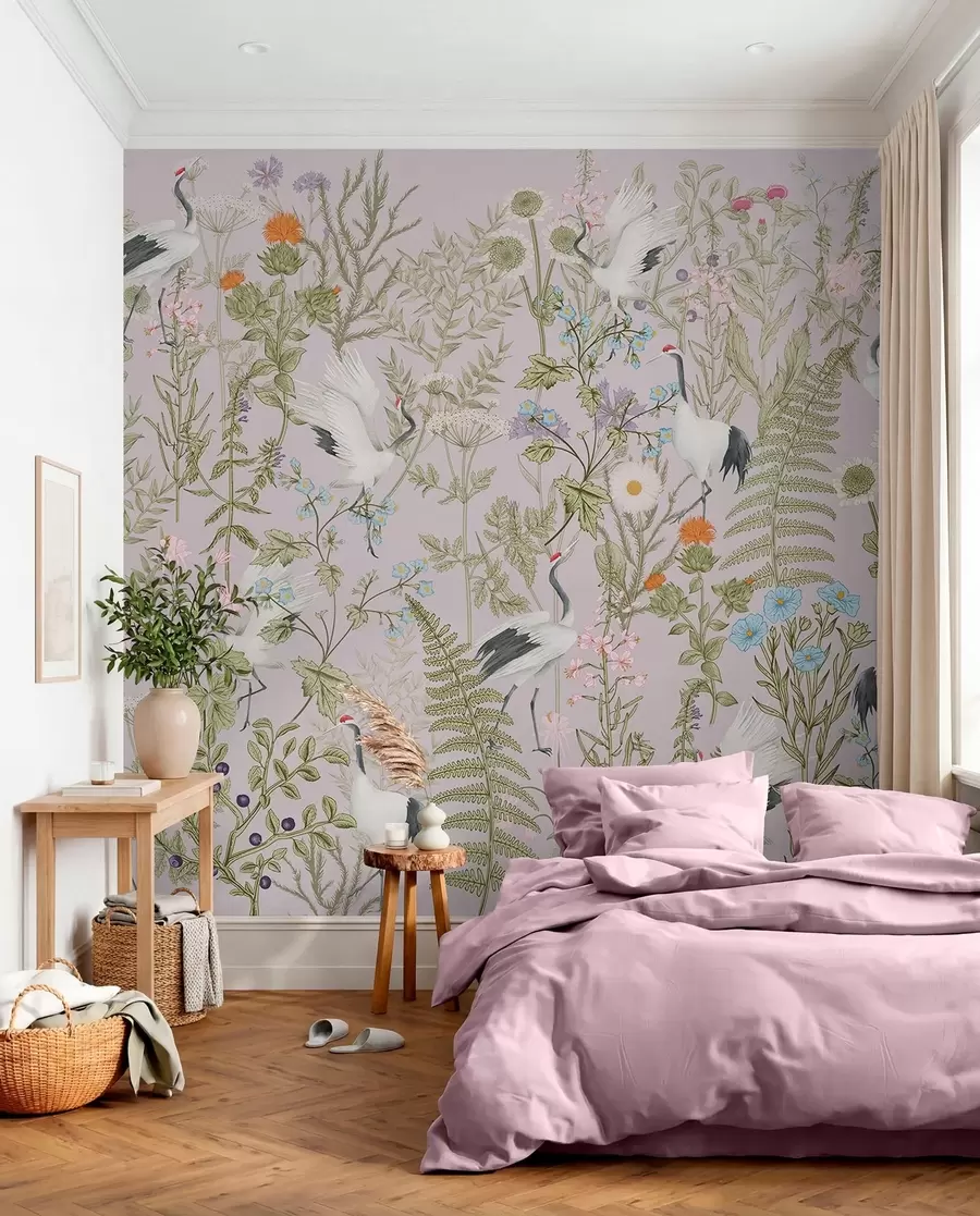 fototapeter Elegante traner midt i livlige blomster w00380v3