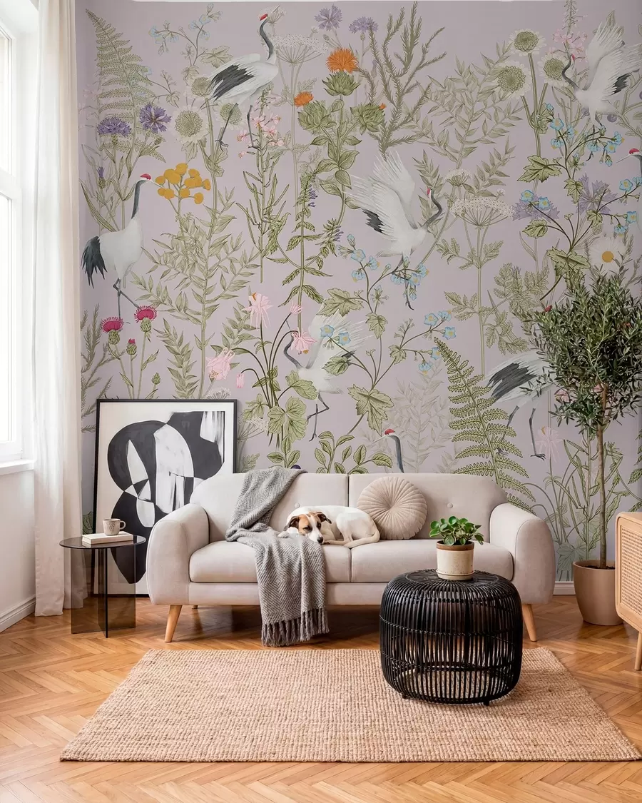 fototapeter Elegante traner midt i livlige blomster w00380v3