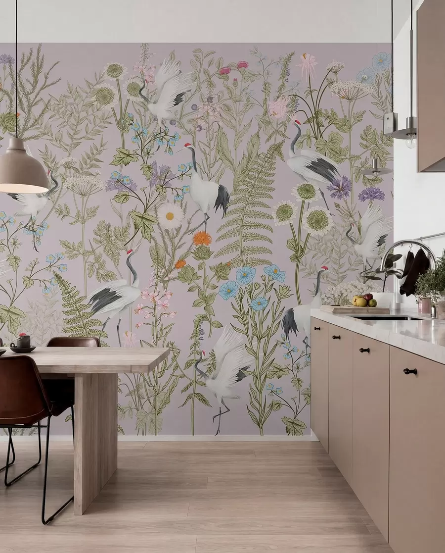 fototapeter Elegante traner midt i livlige blomster w00380v3