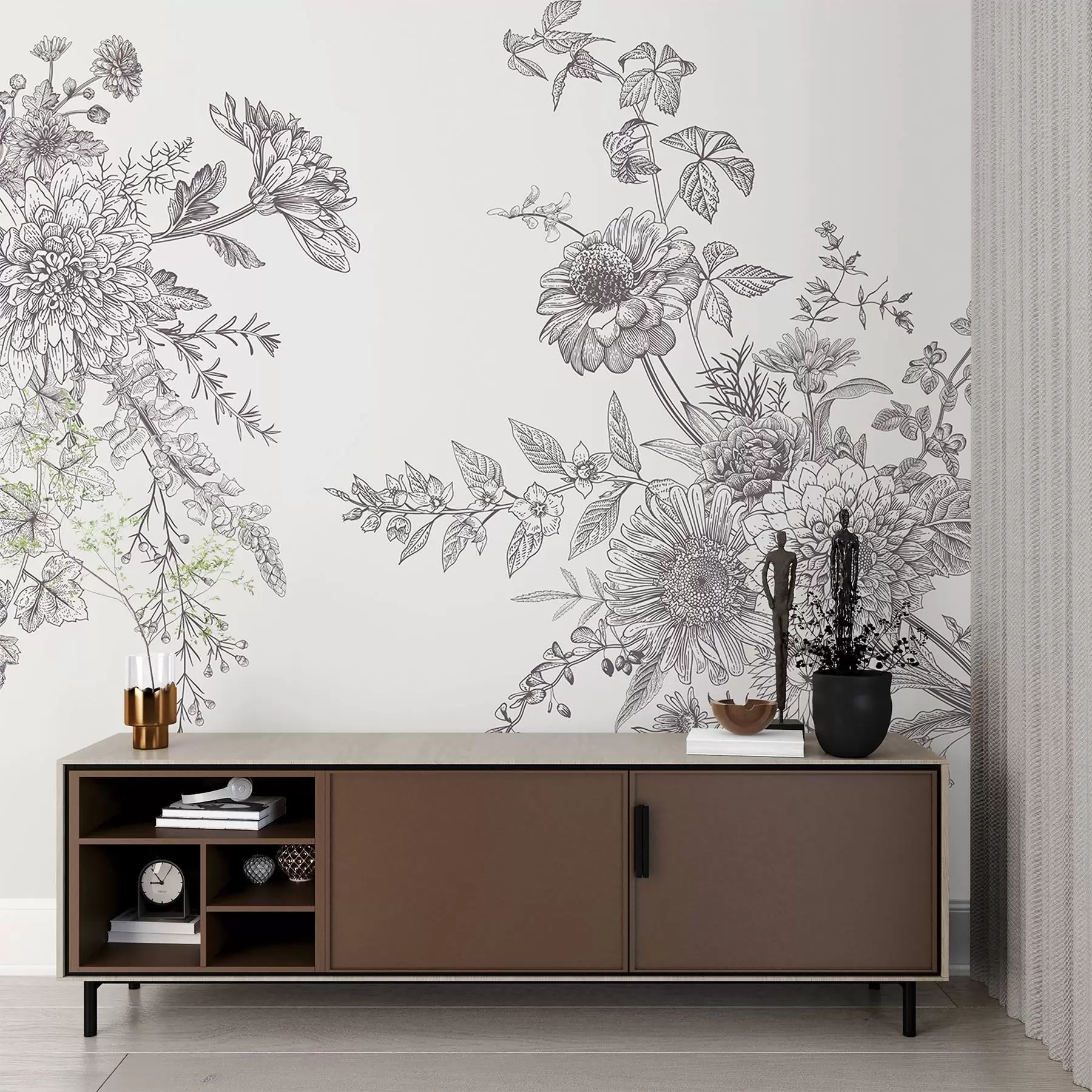 Fototapete Kompliziertes florales Design in Monochrom w00381v2