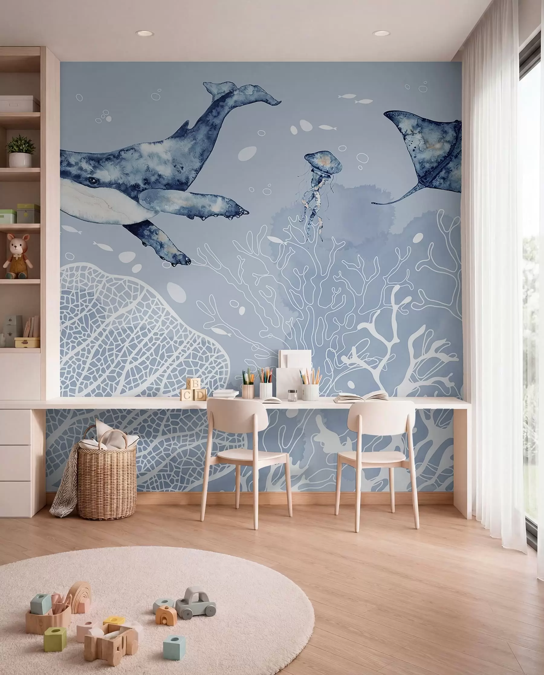 Murale Baleine sur corail blanc w00848