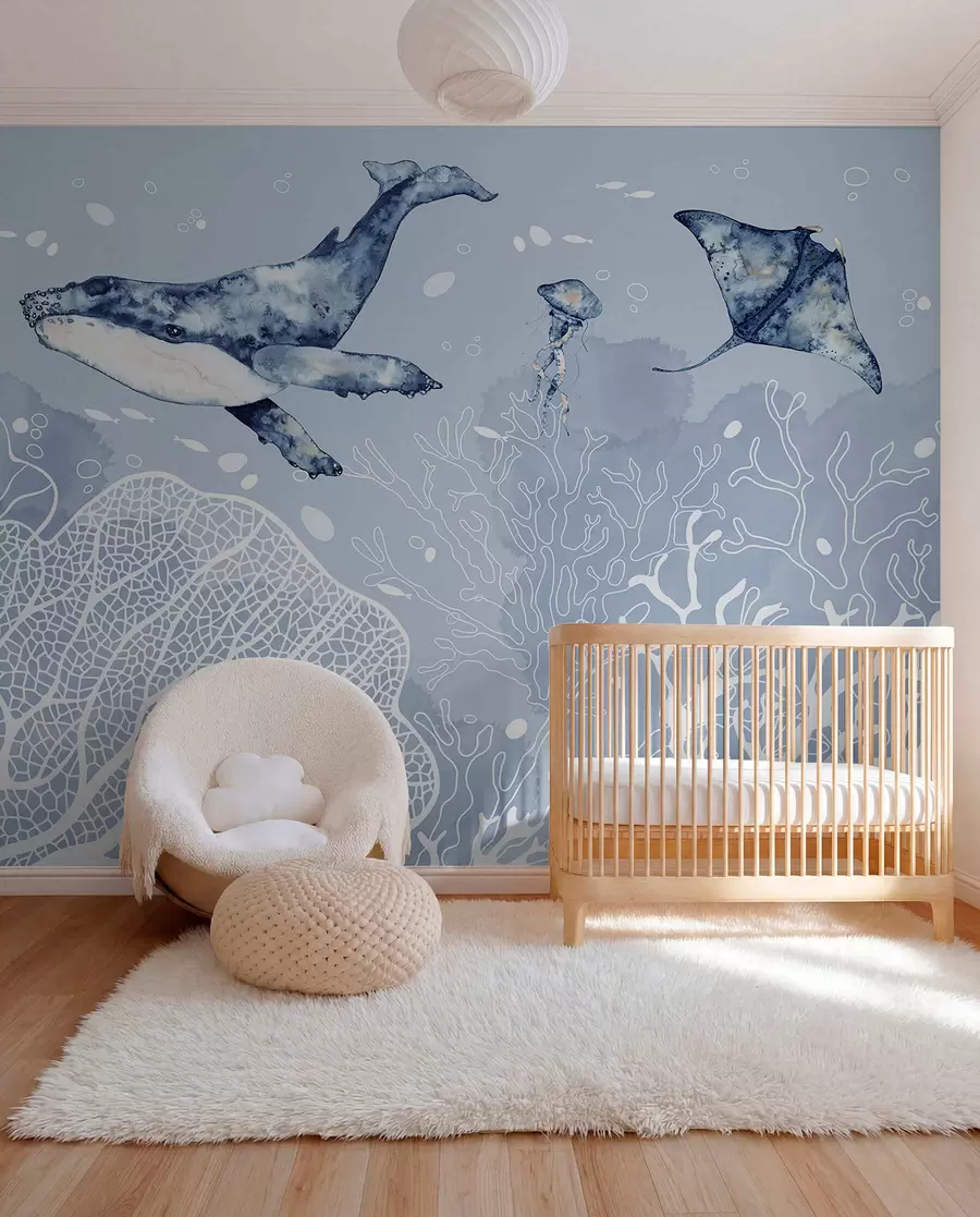 Murale Baleine sur corail blanc w00848