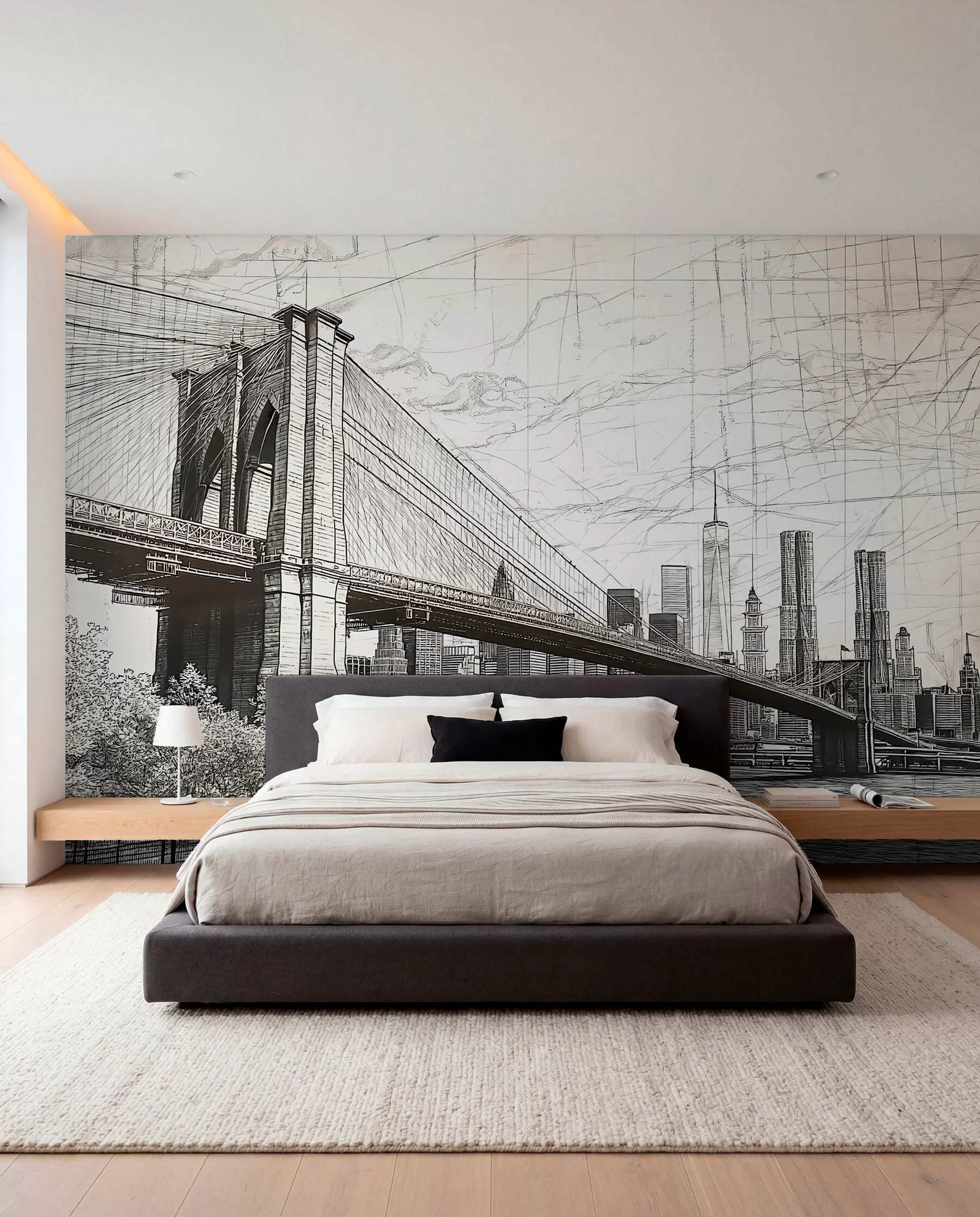 Murale Panorama du pont de Brooklyn réalisé avec une technique de croquis rétro avec des lignes et des rayures w01961